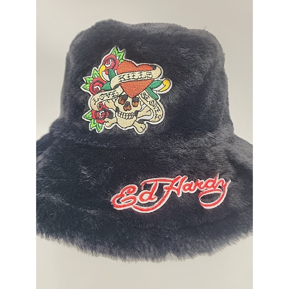 NWT Ed Hardy Black Y2K‎ Style Faux Fur Embroidered Bucket Hat - Picture 3 of 13